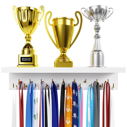 EVERMORE Medal Hanger Display Shelf with Hooks - Wooden Holder for Wall Mount Ribbon/Trophy Display Shelf for Gymnastics, Soccer, Running Race Medals Awards Rack (White)