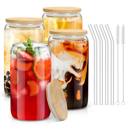 sungwoo Glass Cups with Bamboo Lids and Straws, 16OZ Ice Coffee Cup, Drinking Cup set with Wooden Lids, Home Essential Glass Tumblers for Beer, Cocktail, Tea and Latte Clear 4 Pack