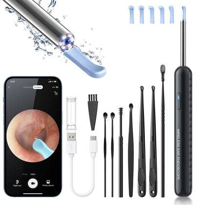 Ear Wax Removal, Ear Cleaner with Camera and Light, Ear Wax Removal Kit with 8 Pcs Set, Ear Wax Removal Tool Camera with 1080P, Ear Cleaning Kit with 6 Spoons, Ear Camera for iOS & Android (Black)
