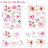 AOWDIAO 60 Pcs Flower Peel and Stick Wall Decals Watercolor Vinyl Peony Floral and Leaves Wall Stickers Pastel Flower Decor for Girls Bedroom Nursery Classroom Living Room