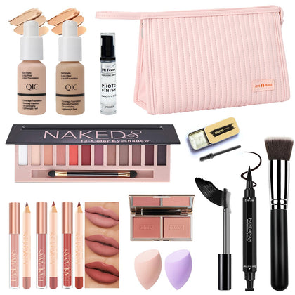 All in one Makeup Kit for Women full Kit, Professional Makeup kit with foundation 12 Colors Eyeshadow Palette Liquid Lipstick Eyebrow Soap Kit Winged Eyeliner Stamp Travel makeup set
