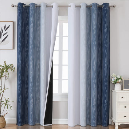 Estelar Textiler Navy Blue and Greyish White Blackout Curtains for Bedroom 84 Inches Long, Full Room Darkening Grommet Curtains for Living Room,Thermal Insulated Ombre Drapes,52Wx84L,2 Panels
