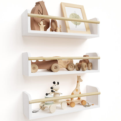 Decorative Nursery Bookshelves for Kids - Set of 3 Easy to Install Floating Shelves for Wall Mount - Beautiful Hanging Organizer Furniture for Your Baby Boy or Girl's Bedroom and Play Room Decor