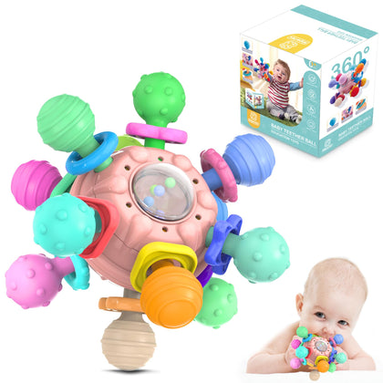 Baby Sensory Teething Teether Toys: Toys for Babies 0-6 Months | 6 to 12 Ball Toy 0-3 Month Rattle Infant 0-3-6-12 (Pink)