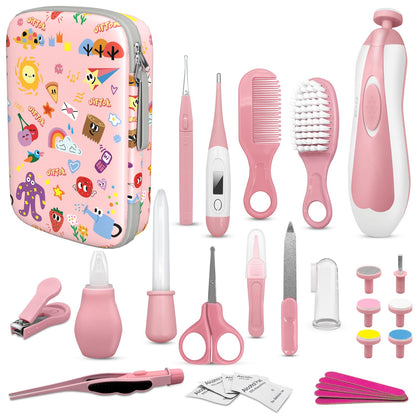 JIFTOK Baby Healthcare and Grooming Kit, 22 in 1 Newborn Safety Care Essentials Set with Electric Nail File Set, Hair Brush Comb, Nail Clippers for Nursery Infant Toddlers Baby Boys Girls (Pink)