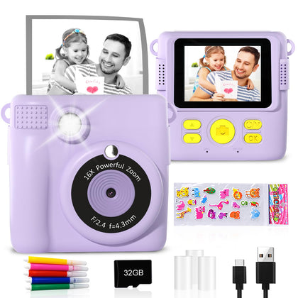 Instant Print Camera - GKTZ 1080P HD 0 Ink Instant Print Photo - Christmas Birthday Gifts for Age 3-8 Girls Boys - Kids Portable Toy with 3 Rolls Photo Paper, 5 Color Pens, 32GB Card - Purple
