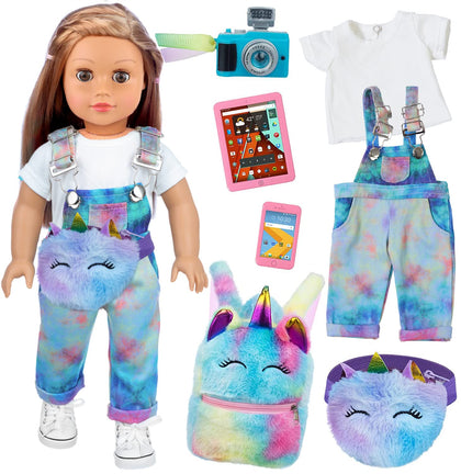 ZITA ELEMENT 7 Pcs 18 Inch Girl Doll Clothes and Accessories - 18 Inch Doll Clothes with Fanny Pack Toy Tablet Phone Camera and Kids Unicorn Backpack - Best Gift for Girls