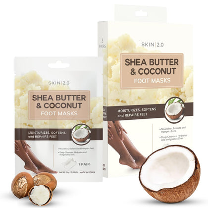 Skin 2.0 Shea Butter and Coconut Foot Masks Moisturizing Socks - Softens Calluses, Soothes & Treats Cracked Heels, Hydrating Foot Mask - Cruelty Free Korean Skin Care For All Skin Types - 3 Pairs