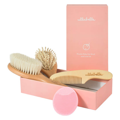 Ullabelle 4 Piece Wooden Baby Hair Brush and Comb Set for Newborns & Toddlers in Chic Gift Box - Ultra Soft Natural Goat Hair and Wood Baby Brush Set Prevents Cradle Cap - Perfect Registry Gift (Pink)