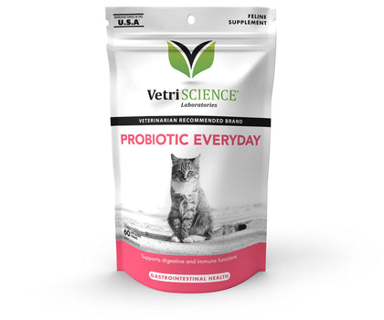 VetriScience Probiotic Everyday for Cats, Digestive Support Supplement, Duck Flavor, 60 Bite Sized Chews - Probiotics and Prebiotics, GI and Immune Support