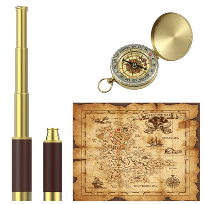 Pirate Monocular Telescope Treasure Map Pocket Compass Party Accessory Set for Pirate Party, High Powered Collapsible Spyglass with Pirate Treasure Map Pocket Compass for Pirate Party Supplies