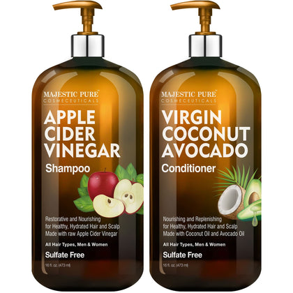 MAJESTIC PURE Apple Cider Vinegar Shampoo and Avocado Coconut Conditioner Set - Restores Shine & Reduces Itchy Scalp, Dandruff & Frizz - Sulfate Free, for All Hair Types, Men and Women - 2 x 16 fl oz