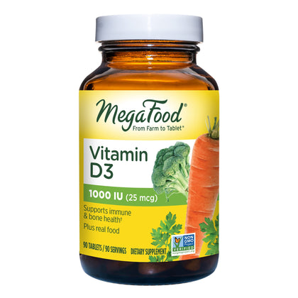 MegaFood Vitamin D3 1000 IU (25 mcg) - Immune Support Supplement - Bone Health - With easily-absorbed Vitamin D3 - Plus real food - Non-GMO, Vegetarian - Made Without 9 Food Allergens - 90 Tabs