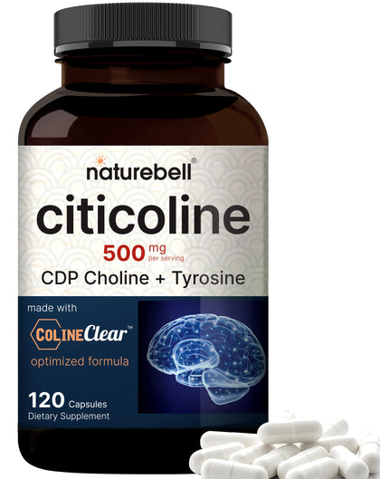 NatureBell Citicoline Supplements, CDP Choline, Citicoline 500mg Plus Tyrosine 50mg Per Serving, Optimized Dosage, 120 Capsules, 2 in 1 Formula, Dual Action Brain Supplement, Non-GMO