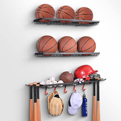 Mythinglogic Sports Equipment Storage Rack,Wall Mount Ball Storage Racks for garage, 3 Separate Ball Storage Organizer for Basketball, with Hooks