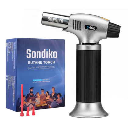 Sondiko Butane Torch S400, Refillable Kitchen Lighter, Fit All Butane Tanks Blow Torch with Safety Lock and Adjustable Flame for Desserts, Creme Brulee, and Baking-Butane Gas Is Not Included