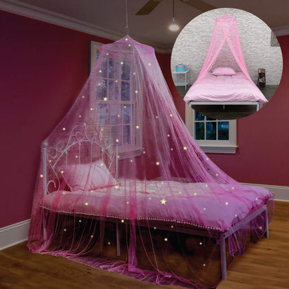 Bollepo Pink Bed Canopy for Girls with Glowing Stars - Princess Netting Room Decor, Ceiling Tent to Cover Toddler | Single, Twin, Full, Queen Size Kids Bed Curtains, Fire Retardant Fabric