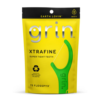 GRIN XtraFine Flosspyx, Floss Picks, 75 Count, Dental Flossers, Minty Flavor, Recycled Plastic, for Super Tight Teeth, Longer Floss Head, Slide Between Teeth, Includes Safe Soft Fold-Back Tooth Pick