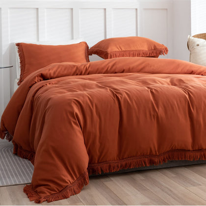 Smoofy Comforter Set Queen Size Terracotta 3 Pcs Boho Fringe Tufted Soft Microfiber Bedding Sets, Tassel Burnt Orange Comforter Sets for All Season (1 Comforter + 2 Pillowcases)