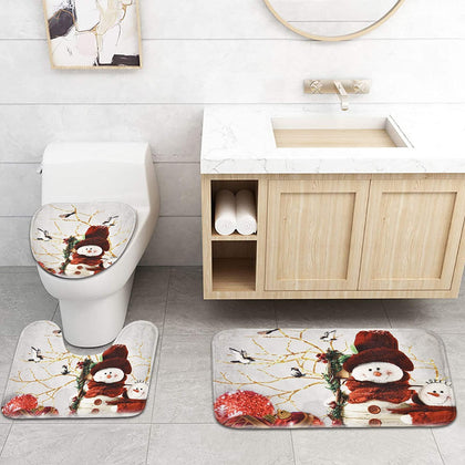Alishomtll Christmas Bathroom Rugs Sets 3 Piece with Non-Slip Rug, Toilet Lid Cover and Bath Mat, Xmas Snowman Bathroom Rugs and Mats Sets, White Bath Rugs for Bathroom Decoration