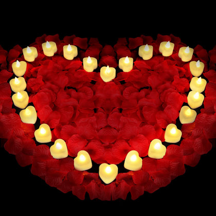 Red Rose Petals Set, 1000 Pieces Artificial Rose Petals with 24 Pieces LED Tea Lights Candles,Rose Petals for Romantic Night for Her set, Proposal Decorations for Women, Wedding, Bedroom, Anniversary