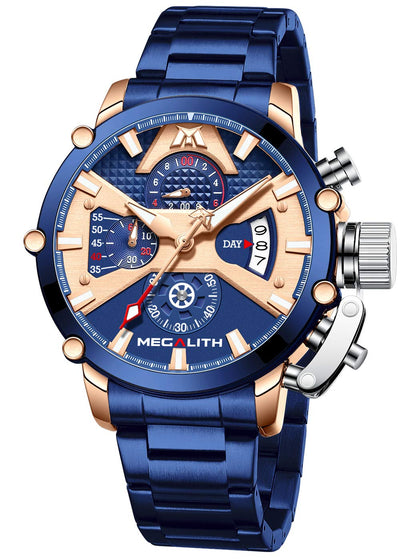 MEGALITH Men's Watch 45mm Stainless Steel Chronograph Waterproof Fashion Blue Watch Analog Quartz Date Heavy Duty Watches for Men Metal Luminous Multifunctional Cool Designer Gents Wrist Watches