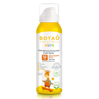 BOTAO Kids Mineral Sunscreen Foam Spray: SPF50 Broad Spectrum UVA UVB, Children or Kids Sunburn Protection, Zinc Oxide, 3.4 Oz (1-Pack)