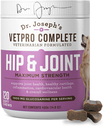 VetPro Dog Hip and Joint Supplement - Pain and Inflammation Relief Chews with Glucosamine, Chondroitin, MSM, Turmeric, Vitamin C, Omega 3 - Treats Hip Dysplasia, Arthritis - Dogs Chewable Supplements