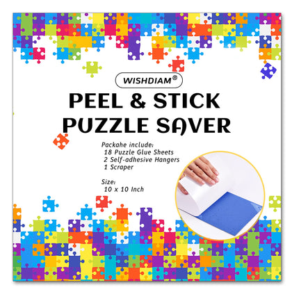 Puzzle Glue Sheets for 3 X 1000 Puzzles, 18 Puzzle Saver Sheets Peel & Stick, Puzzle Saver No Stress & No Mess, Clear Puzzle Sticker Sheets Preserve Your Puzzles with 6 Adhesive Hangers & 1 Scraper