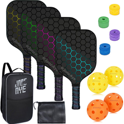 Pickleball Paddles incl 4 Fiberglass Pickleball Rackets, 4 Balls, 1 Paddle Bag, 4 Grip Tapes, JoncAye Pickleball Set for Outdoor and Indoor, Pickleball-Paddle-Set of 4 with Accessories