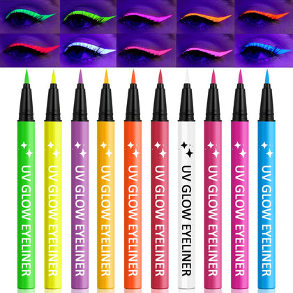 Erinde 10 Colors UV Neon Glow Liquid Eyeliner Set, Matte Colored Eye Liner Pen, Waterproof Smudge Proof, High Pigmented Colorful Graphic Liners for Rave Party Halloween Neon Face Body Paint Makeup