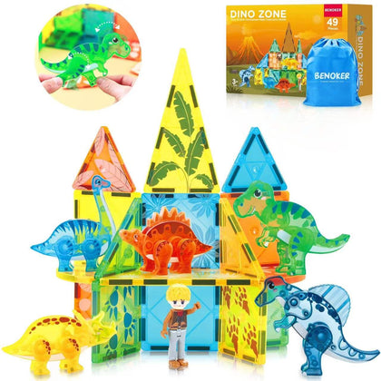 BENOKER Dinosaur Magnetic Tiles,Animals Magnet Building Blocks Toys Dino World,3D STEM Educational Magnet Tiles for Boys Girls Kids Age 3 4 5 6 7 8