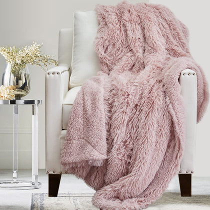 The Connecticut Home Company Throw Blanket, Soft Plush Reversible Shag and Sherpa, Warm Thick Throws for Bed, Comfy Washable Bedding Accent Blankets for Sofa Couch Chair, 65x50, Dusty Rose