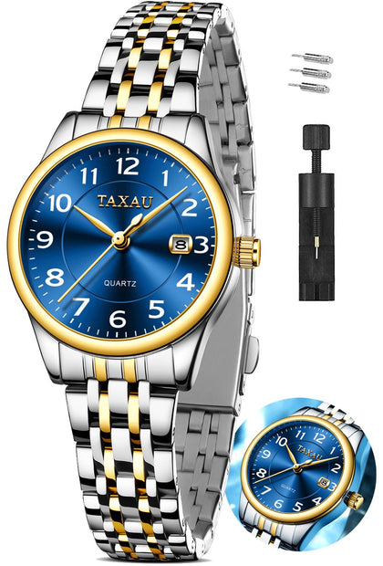 Taxau Women's Wrist Watches Luxury Two Tone Stainless Steel Waterproof Blue Watches for Women Fashion Quartz Watch for Ladies Date Arabic Dial Female Watch