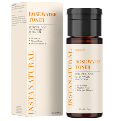 InstaNatural Organic Rose Water Face Toner, Hydrates, Soothes, Reduces Irritation and Redness, Alcohol Free, Rosa Damascena Flower Water, 4 Fl OZ