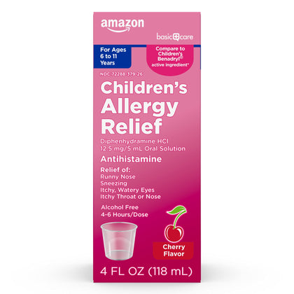 Amazon Basic Care Children's Allergy Relief Oral Solution, Diphenhydramine HCl, Cherry Flavor, 4 Fl Oz