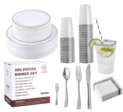 250 Count Silver Disposable Plastic Dinnerware Set, 50 Silver Plastic Plates, 25 Plastic Silverware, 25 Silver Cups and Straws, 50 Napkins, Perfect for Wedding Party