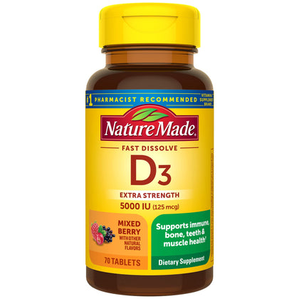 Nature Made Extra Strength Vitamin D3 5000 IU (125 mcg), Vitamin D Supplement for Bone, Teeth, Muscle, Immune Health Support, 70 Sugar Free Fast Dissolve Tablets, 70 Day Supply