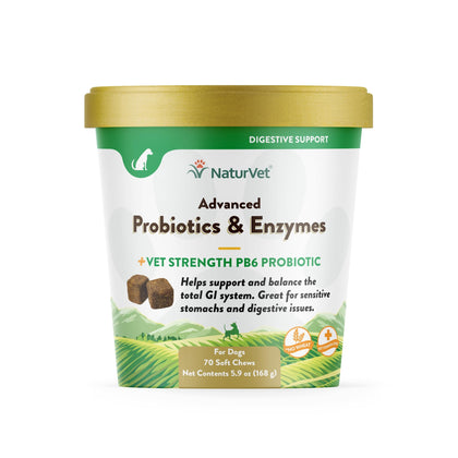 NaturVet Advanced Probiotics and Enzymes Supplement, Plus Vet Strength PB6 Probiotic, Soft Chews, Made in The USA with Globally Source Ingredients 70 Soft Chews