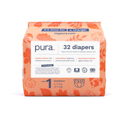 Pura Size 1 Eco-Friendly Diapers (4-11lbs) Hypoallergenic, Soft Organic Cotton Comfort, Sustainable, Wetness Indicator, Allergy UK Certified. Newborn 1 Pack of 32 Baby Diapers