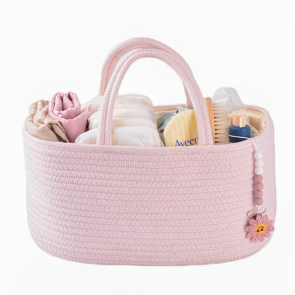 Baby Diaper Caddy Organizer for Girl Boy Rope Nursery Storage Bin Basket Portable Holder Tote Bag for Changing Table Car Travel Baby Shower Gifts Newborn Essentials Registry Must Have Items Pink