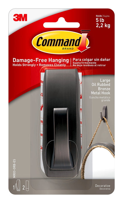 Command Large Modern Reflections Metal Hook, Oil Rubbed Bronze, 1-Hook, 2-Strips, Decorate Damage-Free