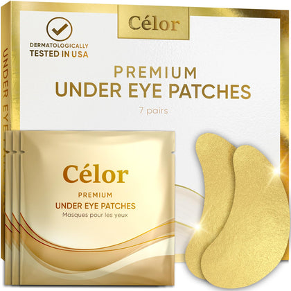 CÉLOR Under Eye Patches Premium - Golden Under Eye Mask Enriched with Hyaluronic Acid, Caffeine, Tea Tree & Collagen, Under Eye Patches for Puffy Eyes, Dark Circles and Puffiness (7 Pairs)