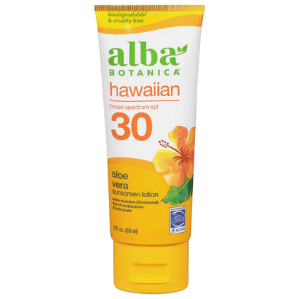 Alba Botanica Hawaiian Sunscreen Lotion, SPF 30, Aloe Vera, 3 Oz