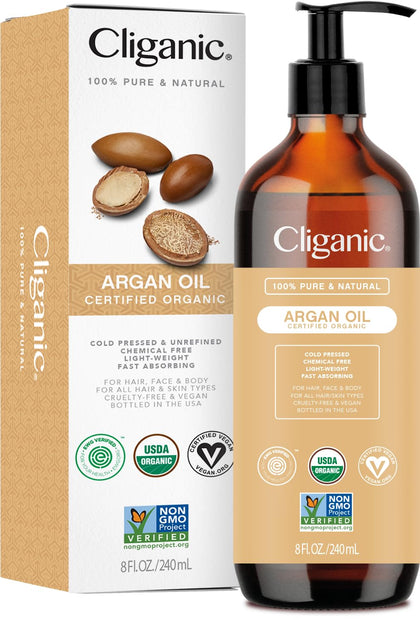 Cliganic Organic Argan Oil 8oz with Pump, 100% Pure - for Hair, Face & Skin