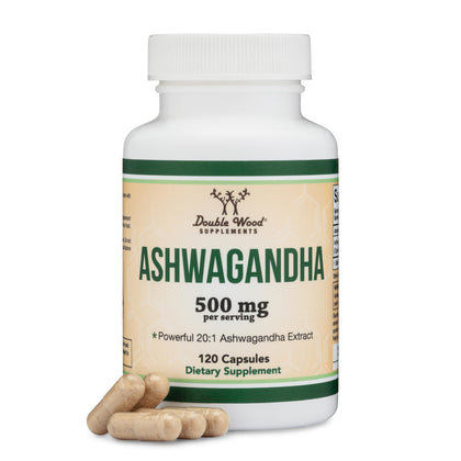 Ashwagandha Capsules 10,000mg Extra Strength, 120 Count (500mg Ashwagandha Extract 20:1 Potency, Equivalent to 10,000mg of Ashwagandha Powder) Adaptogen, Stress Relief Supplements by Double Wood