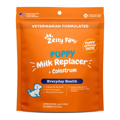 Zesty Paws Puppy Milk Replacer + Colostrum - Milk Replacement Supplement Powder for Puppies & Senior Dogs - Omega 3 DHA, Prebiotics & Probiotics for Dogs - for Skin, Coat, Heart & Gut Health - 12 oz