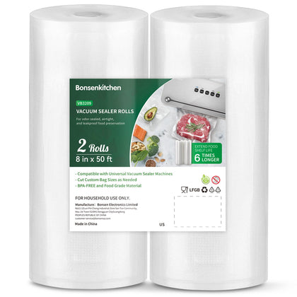 Bonsenkitchen Vacuum Sealer Bags, 8 in x 50 ft Rolls 2 Pack Seal Bags for Food Storage Saver, BPA Free, Commercial Grade Textured Food Roll Bags, Customized Size Bag for Sous Vide Cooking & Meal Prep