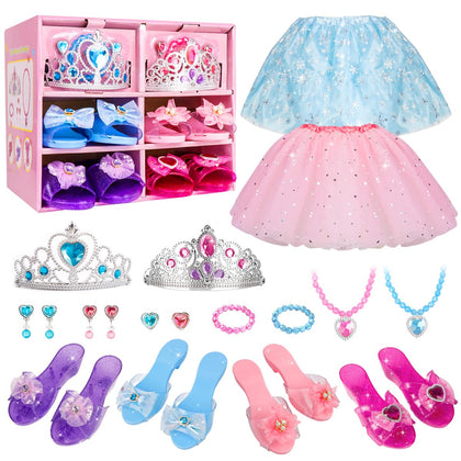 Princess Dress Up Shoes and Jewelry Boutique - 4 Pairs of Play Shoes and Pretend Jewelry Toys Accessories Play Gift Set for Toddlers Little Girls Aged 3,4,5,6 Year Old