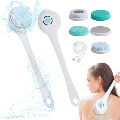 Electric Sonic Scrubber Body Brush - 5-in-1 Cordless Bath Brush for Back Scrubbing - Rechargeable Silicone Scrubber with Long Handle for Men Women - Gift (White)